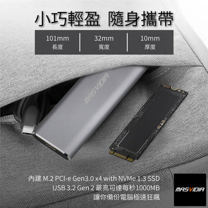 MasVidia 2TB SSD 行動固態硬碟 USB 3.2 Gen 2 外接式固態硬碟 備份 儲存資料 高速1000MB/s 太空鋁合金散熱佳