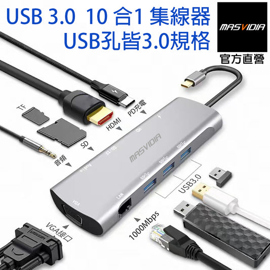 MasVidia USB Type C 10合1 多功能轉接器 USB3.0 PD充電集線器 HDMI轉接頭